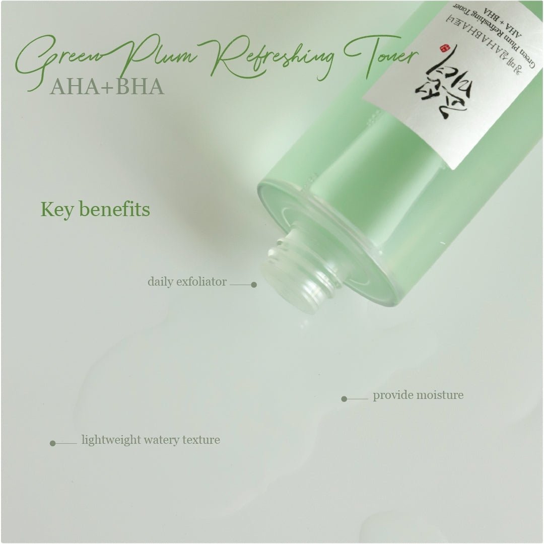 Beauty of Joseon Green Plum Refreshing Toner AHA + BHA close up with benefits