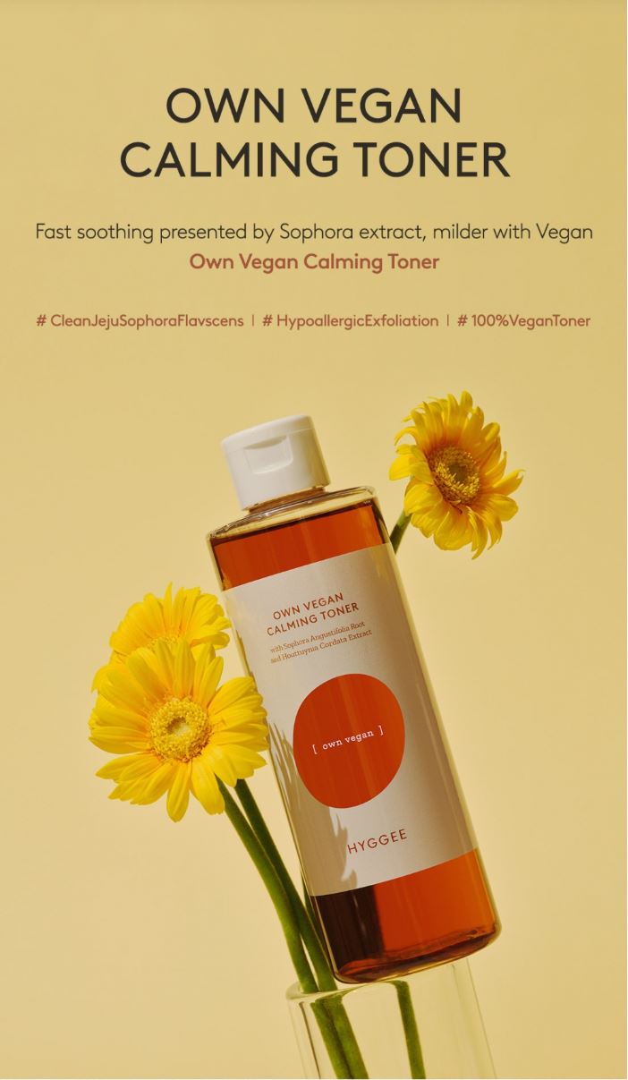HYGGEE Own Vegan Calming Toner zoomed out of bottle with flowers