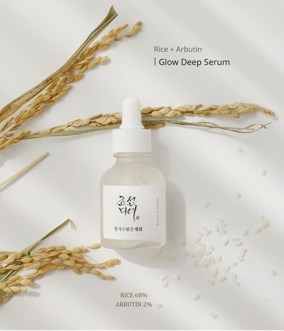 Beauty of Joseon glow deep serum Rice+Alpha-Arbutin far photo of serum bottle with rice flowers