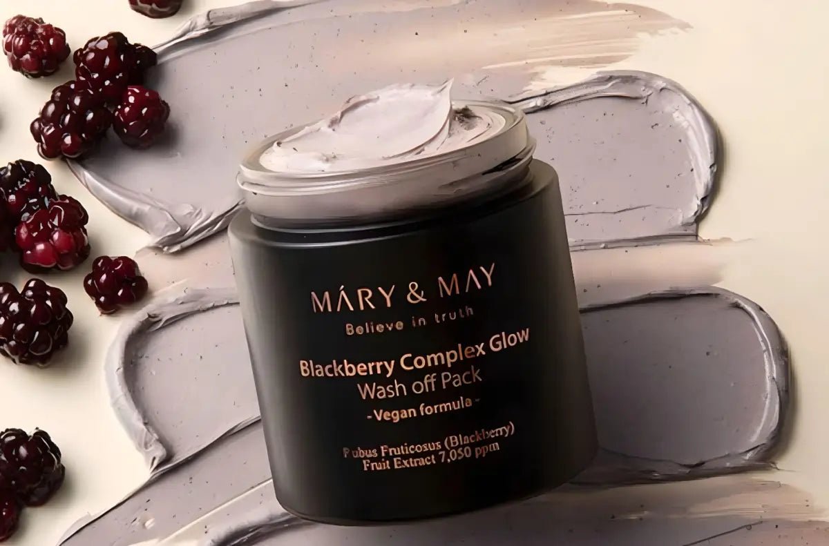 Mary&May Blackberry Complex Glow Wash Off Pack mask tub close up with mask spread as background