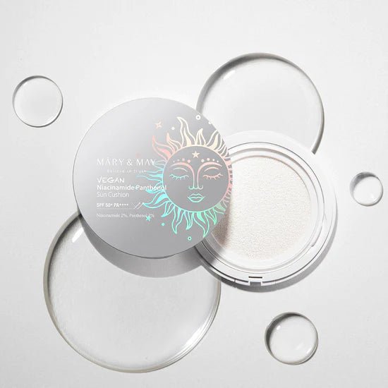 Mary&May Niacinamide Panthenol Sun Cushion open and laying on water