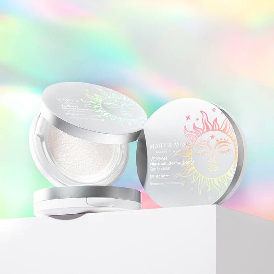 Mary&May Niacinamide Panthenol Sun Cushion open and closed packaging  on table